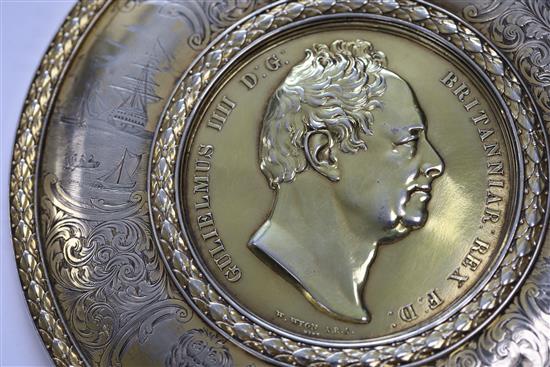 Naval Interest - a good Victorian silver gilt presentation circular table snuff box commemorating William IV, by Daniel Pettifer,